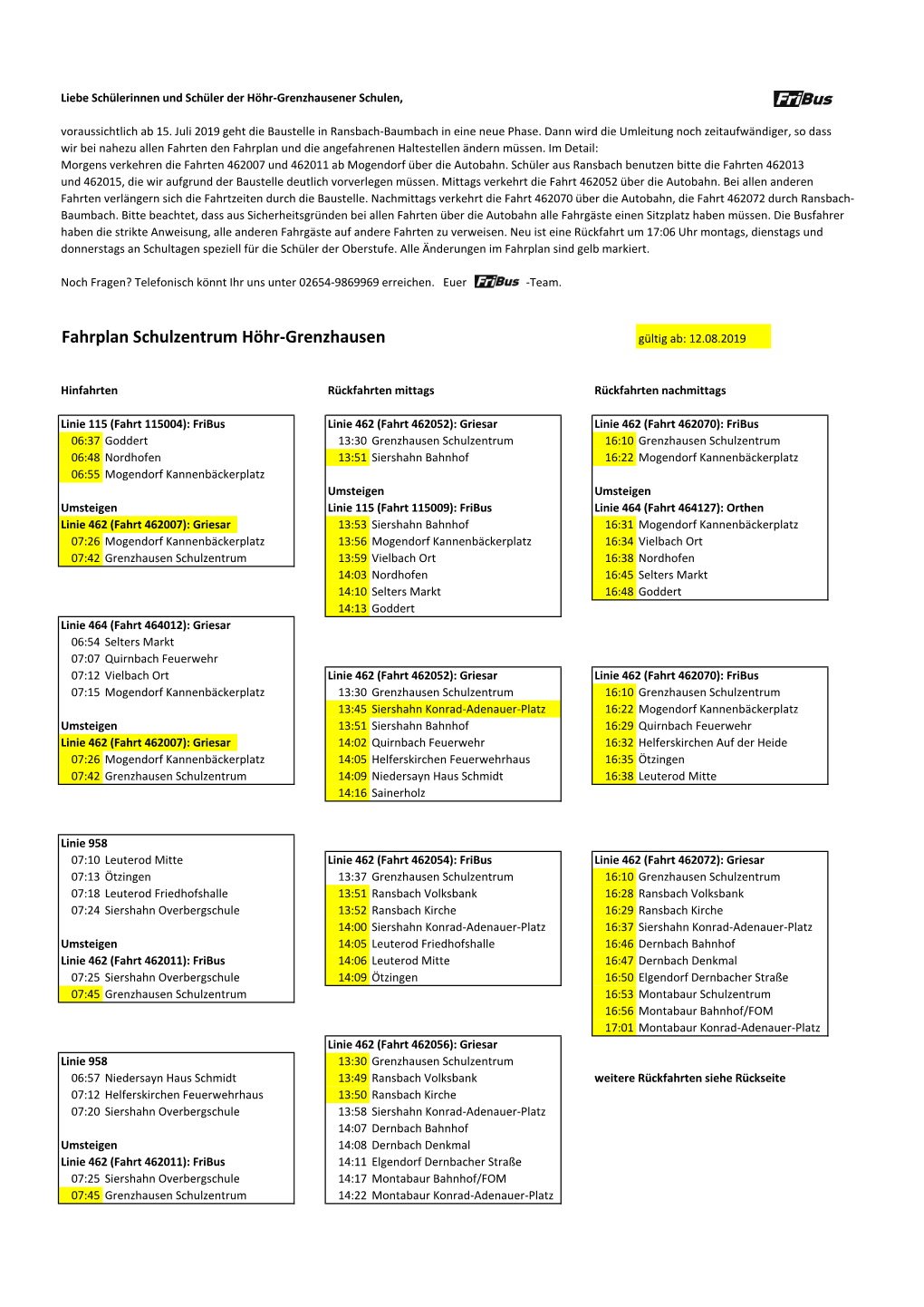 Fahrplan Schulzentrum Höhr-Grenzhausen Gültig Ab: 12.08.2019