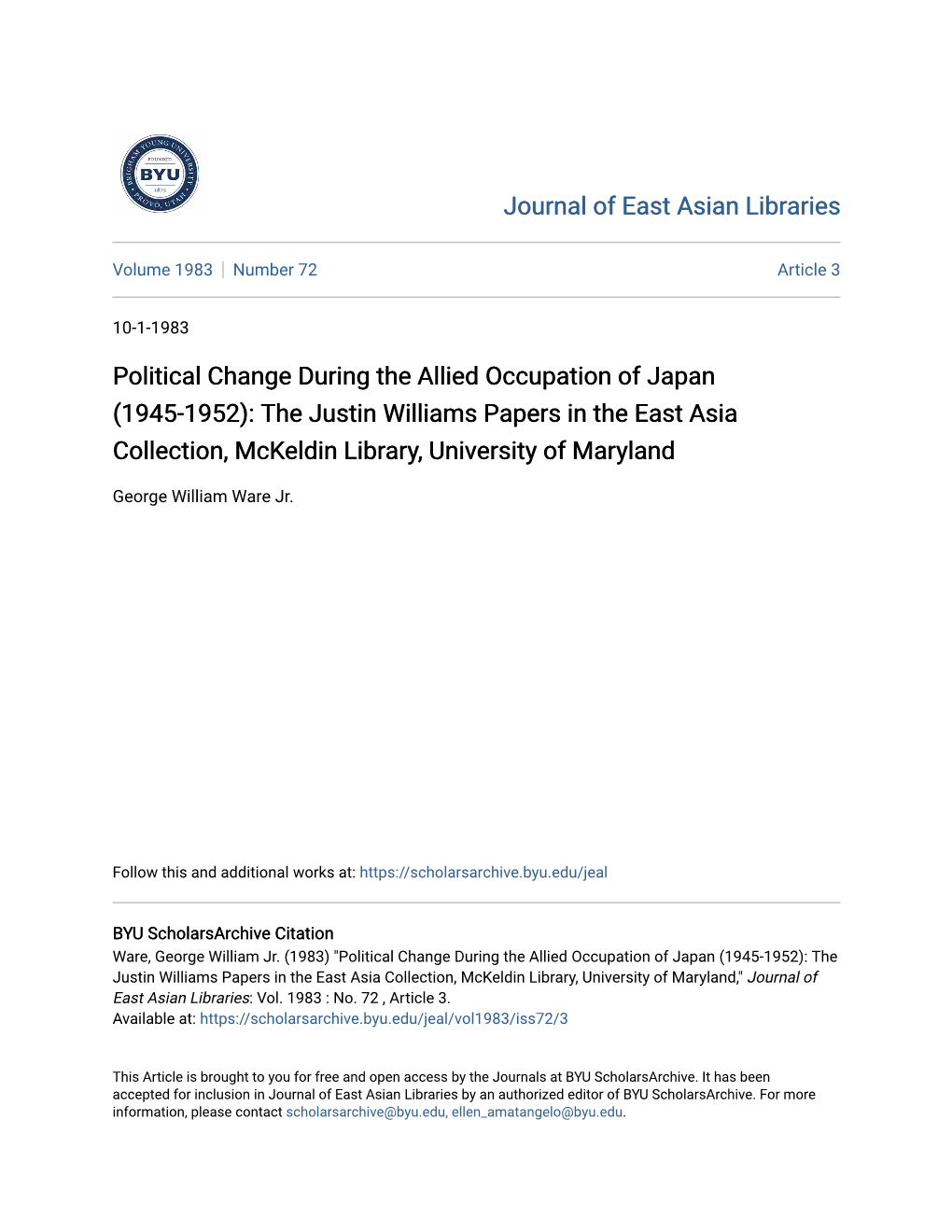 Political Change During the Allied Occupation of Japan (1945-1952): the Justin Williams Papers in the East Asia Collection, Mckeldin Library, University of Maryland