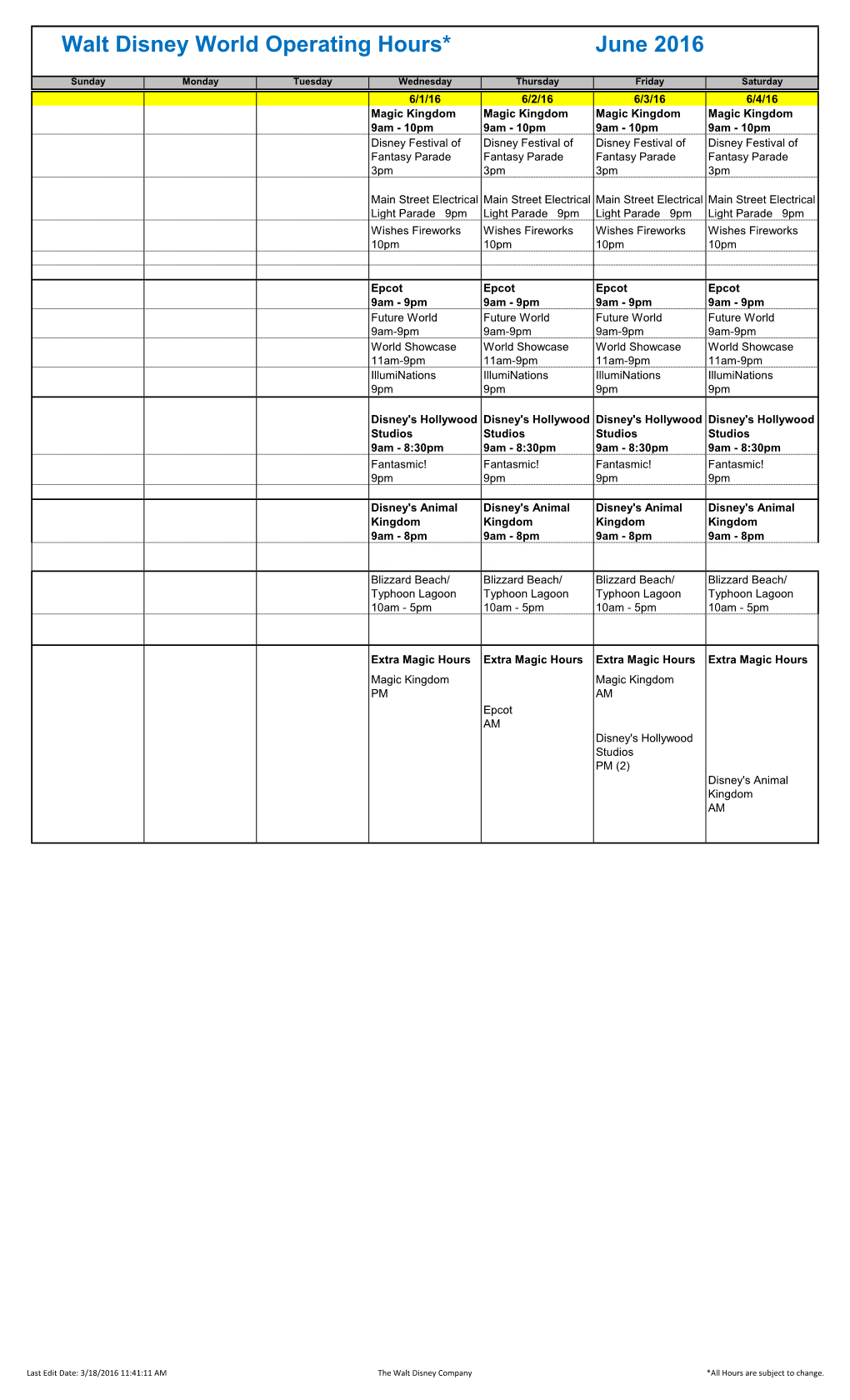 Walt Disney World Operating Hours* June 2016
