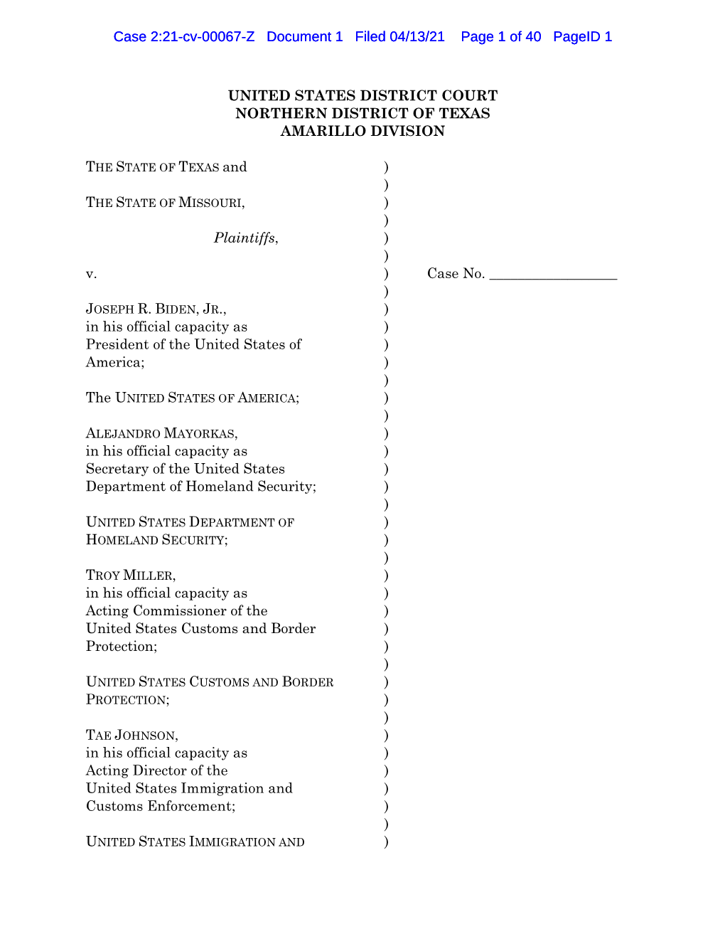 Case 2:21-Cv-00067-Z Document 1 Filed 04/13/21 Page 1 of 40 Pageid 1