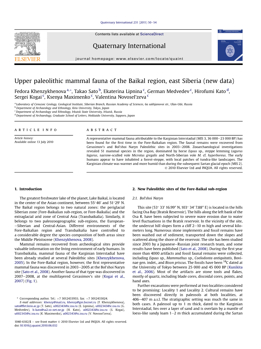 Upper Paleolithic Mammal Fauna of the Baikal Region, East Siberia (New Data)