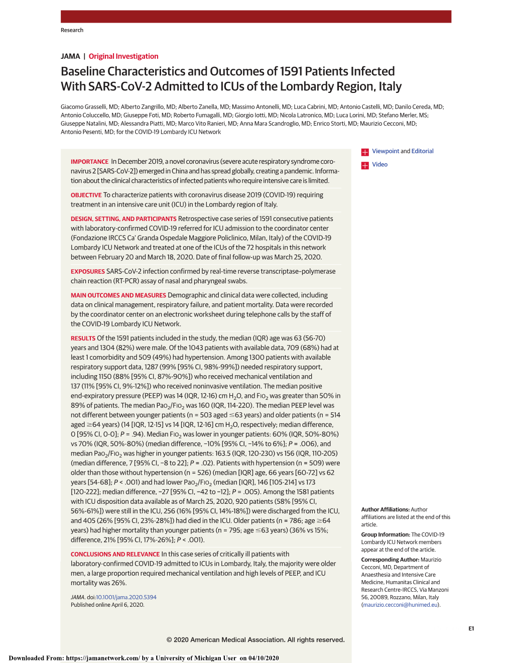 Baseline Characteristics and Outcomes of 1591 Patients Infected with SARS-Cov-2 Admitted to Icus of the Lombardy Region, Italy