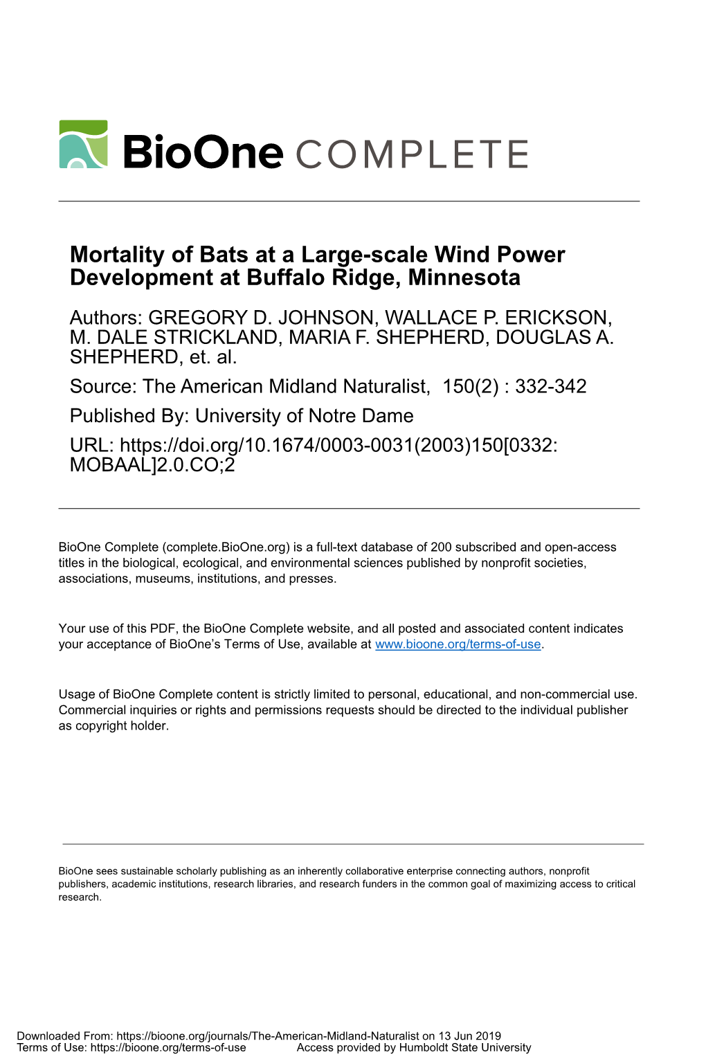 Mortality of Bats at a Large-Scale Wind Power Development at Buffalo Ridge, Minnesota