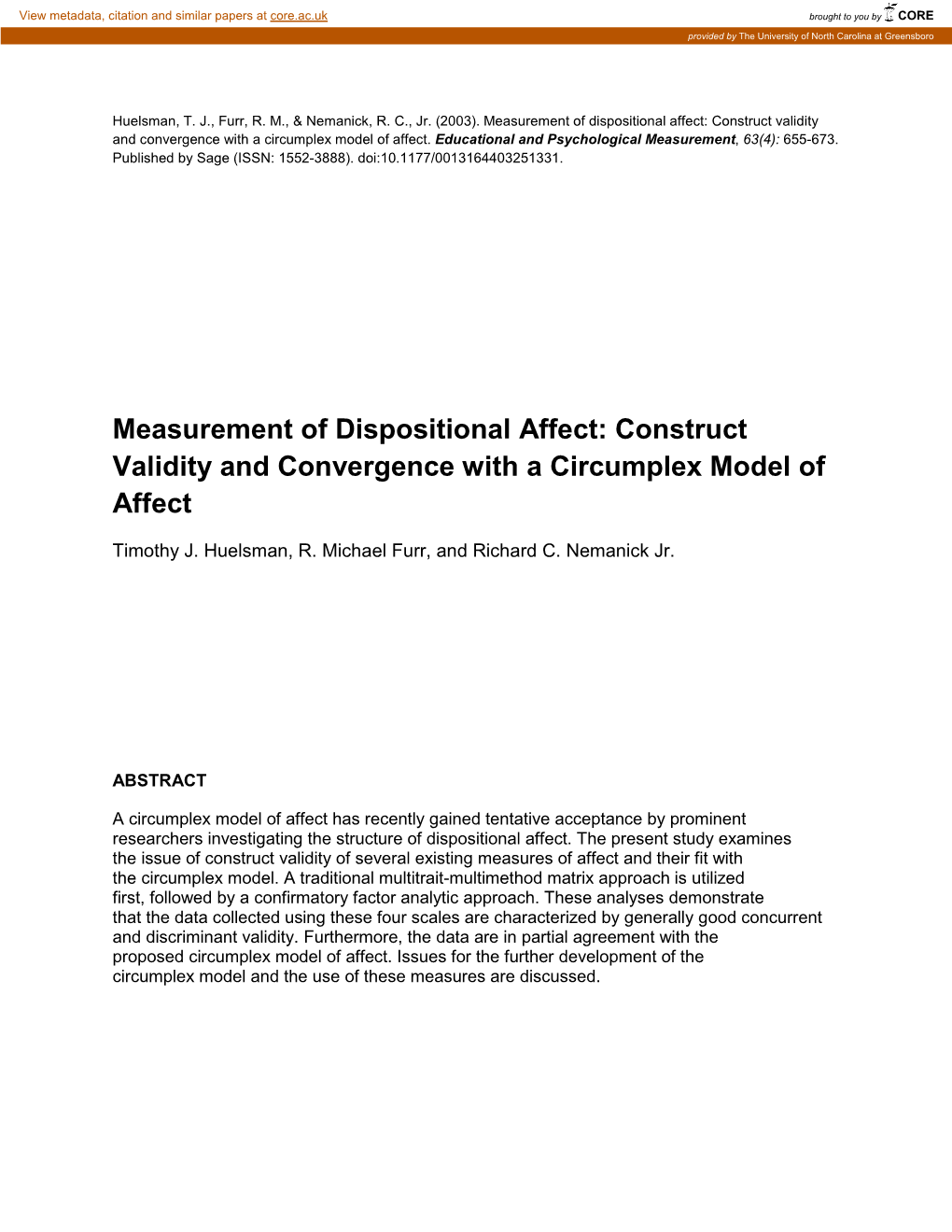Measurement of Dispositional Affect: Construct Validity and Convergence with a Circumplex Model of Affect