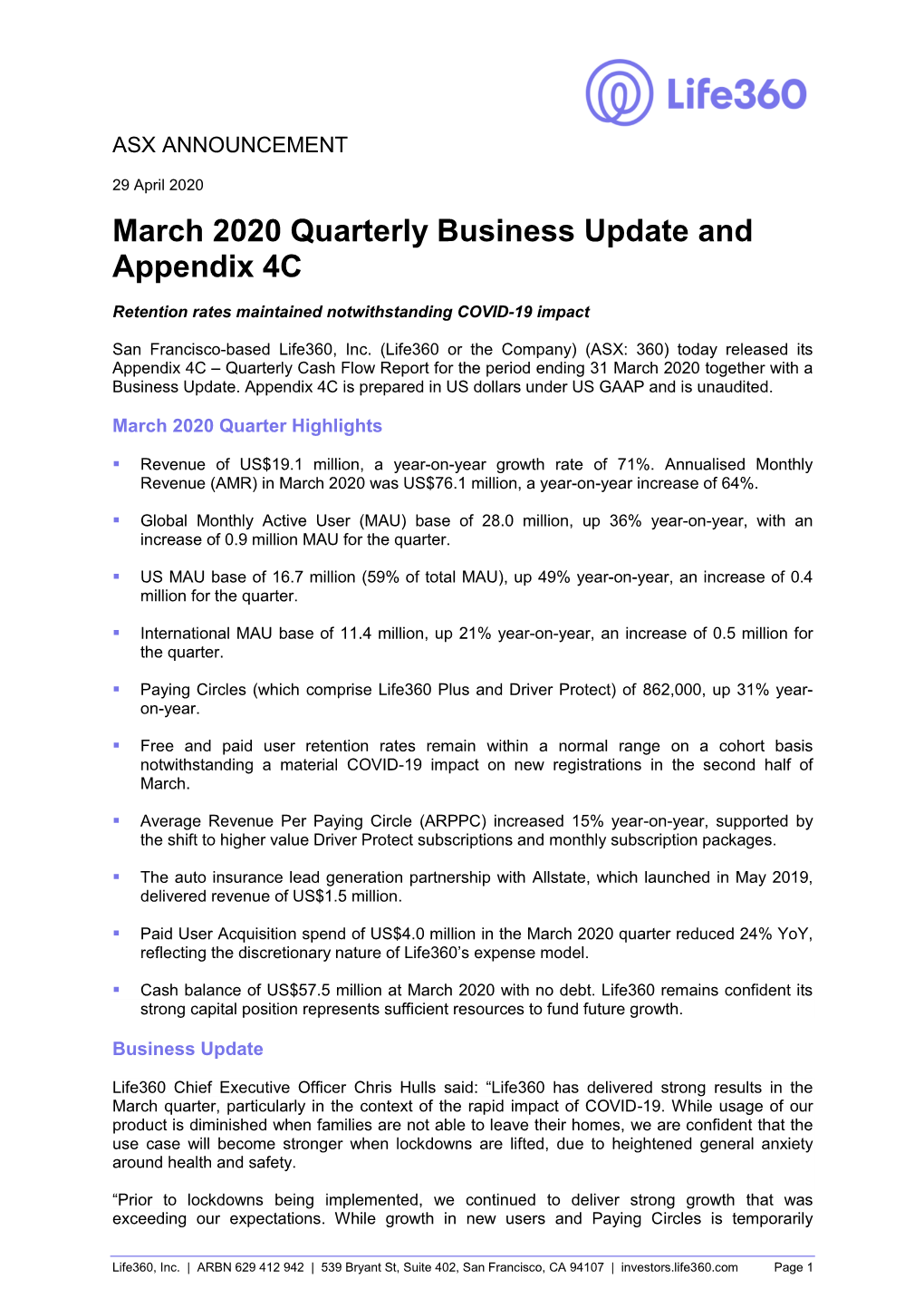 March 2020 Quarterly Business Update and Appendix 4C