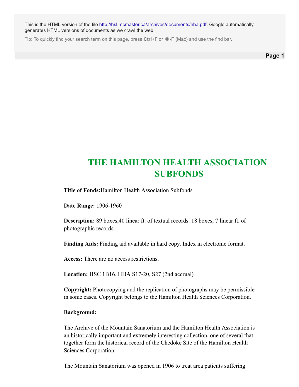 The Hamilton Health Association Subfonds