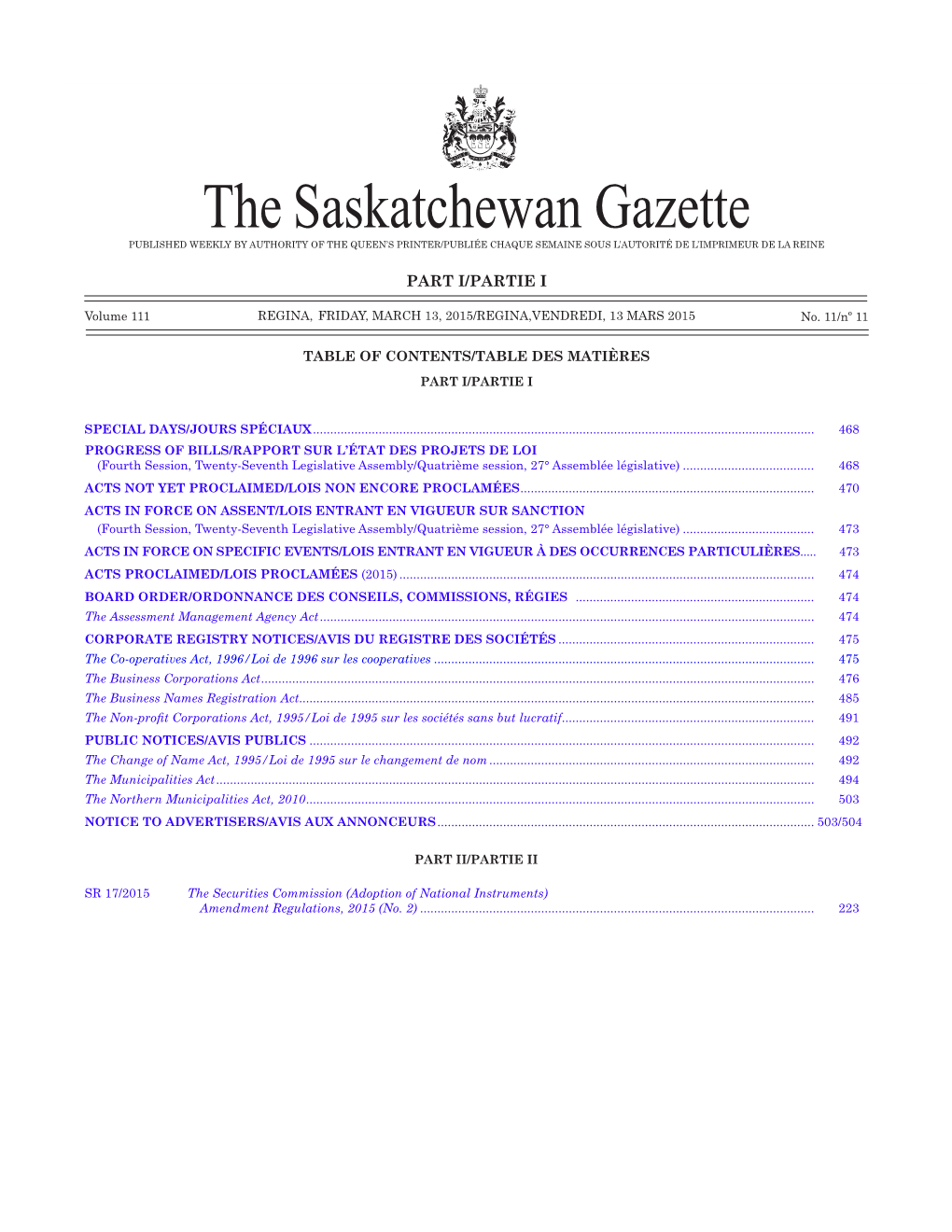 THE SASKATCHEWAN GAZETTE, March 13, 2015 467