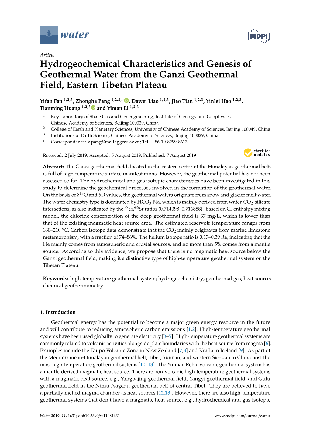 Hydrogeochemical Characteristics and Genesis of Geothermal Water from the Ganzi Geothermal Field, Eastern Tibetan Plateau