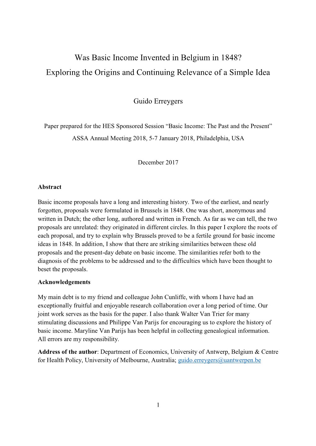 Was Basic Income Invented in Belgium in 1848? Exploring the Origins and Continuing Relevance of a Simple Idea