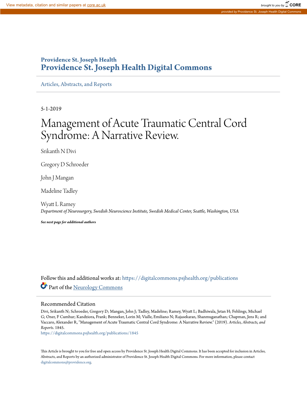 Management of Acute Traumatic Central Cord Syndrome: a Narrative Review