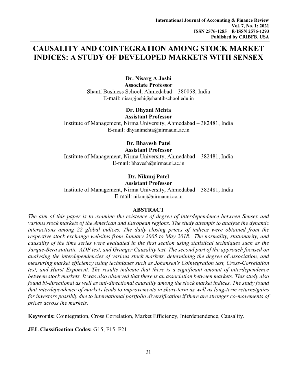 Causality and Cointegration Among Stock Market Indices: a Study of Developed Markets with Sensex