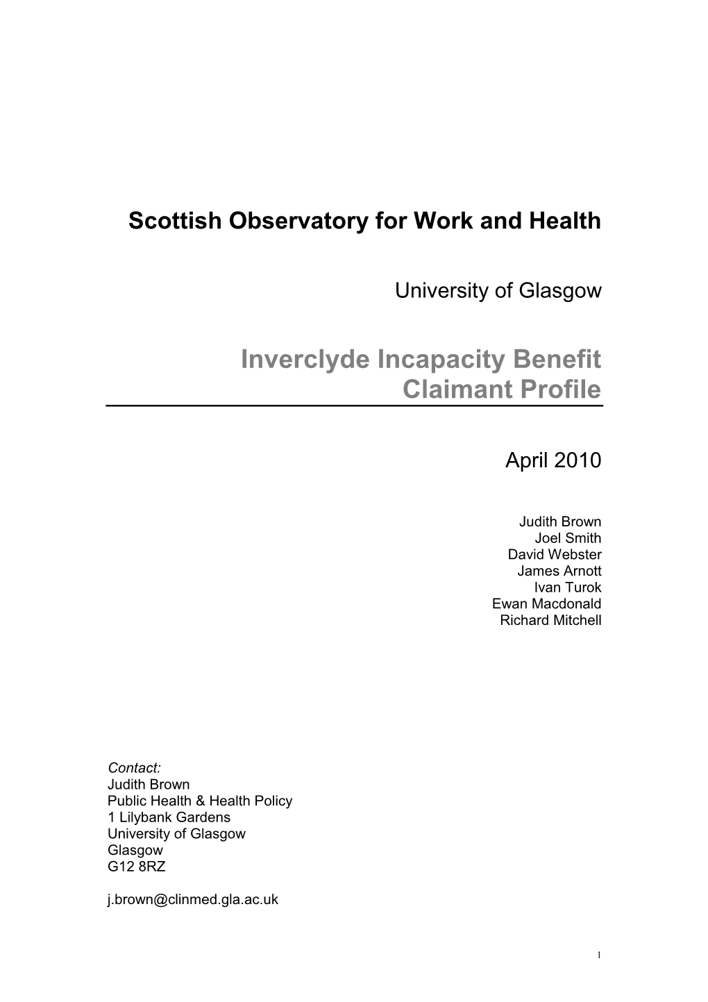 Inverclyde Incapacity Benefit Claimant Profile