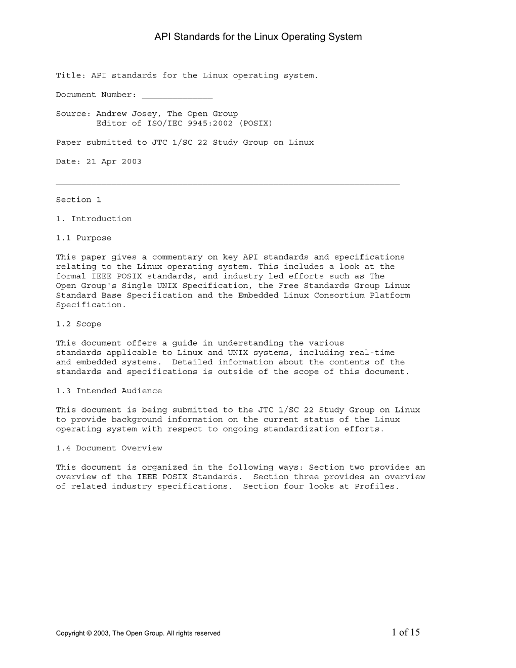API Standards for the Linux Operating System 1 of 15