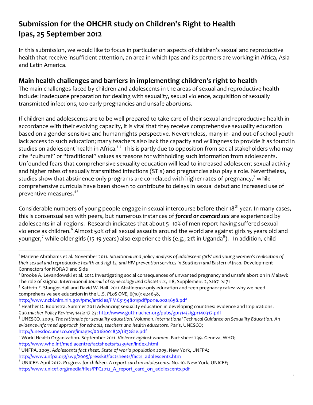 Submission for the OHCHR Study on Children's Right to Health Ipas, 25 September 2012