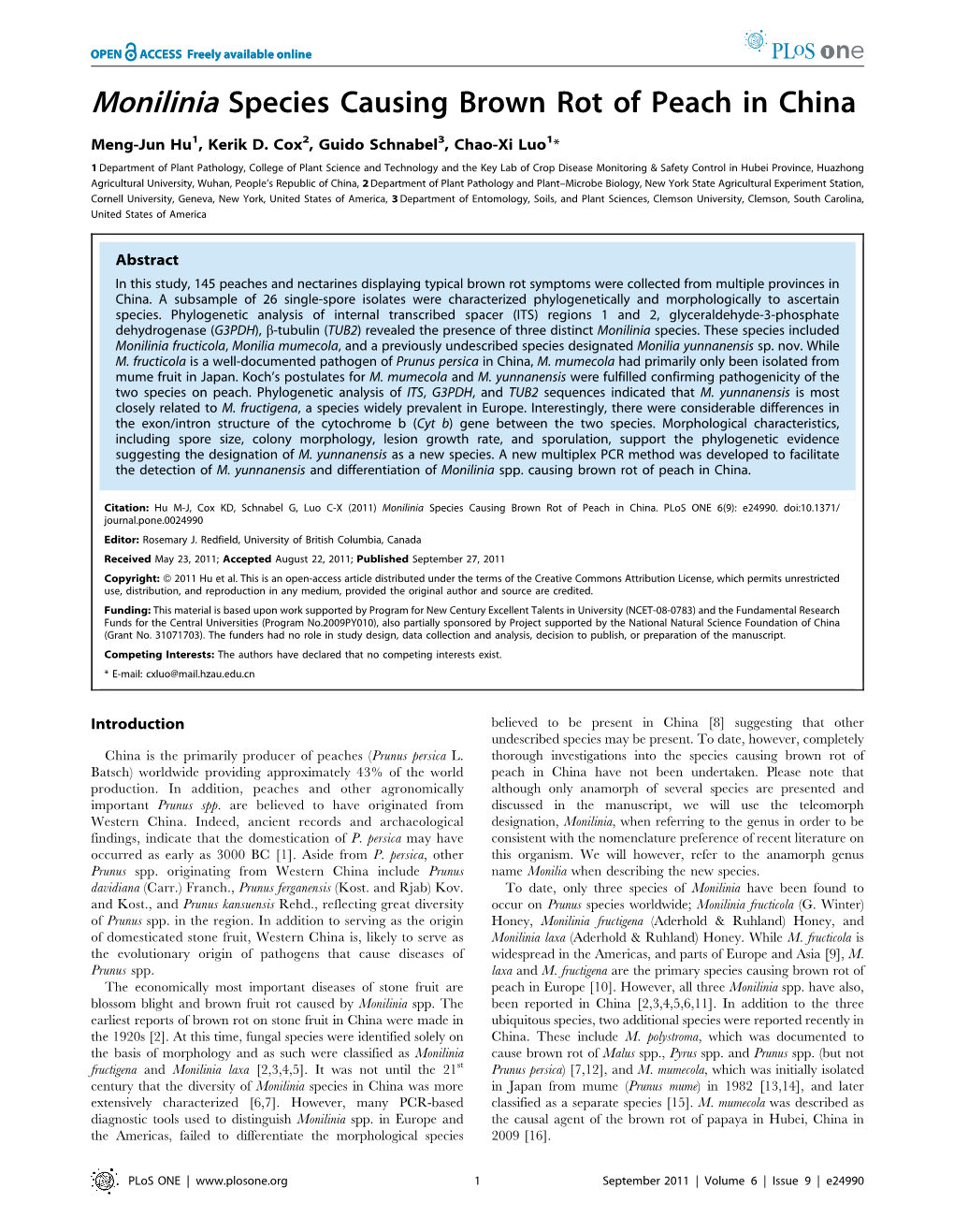 Monilinia Species Causing Brown Rot of Peach in China