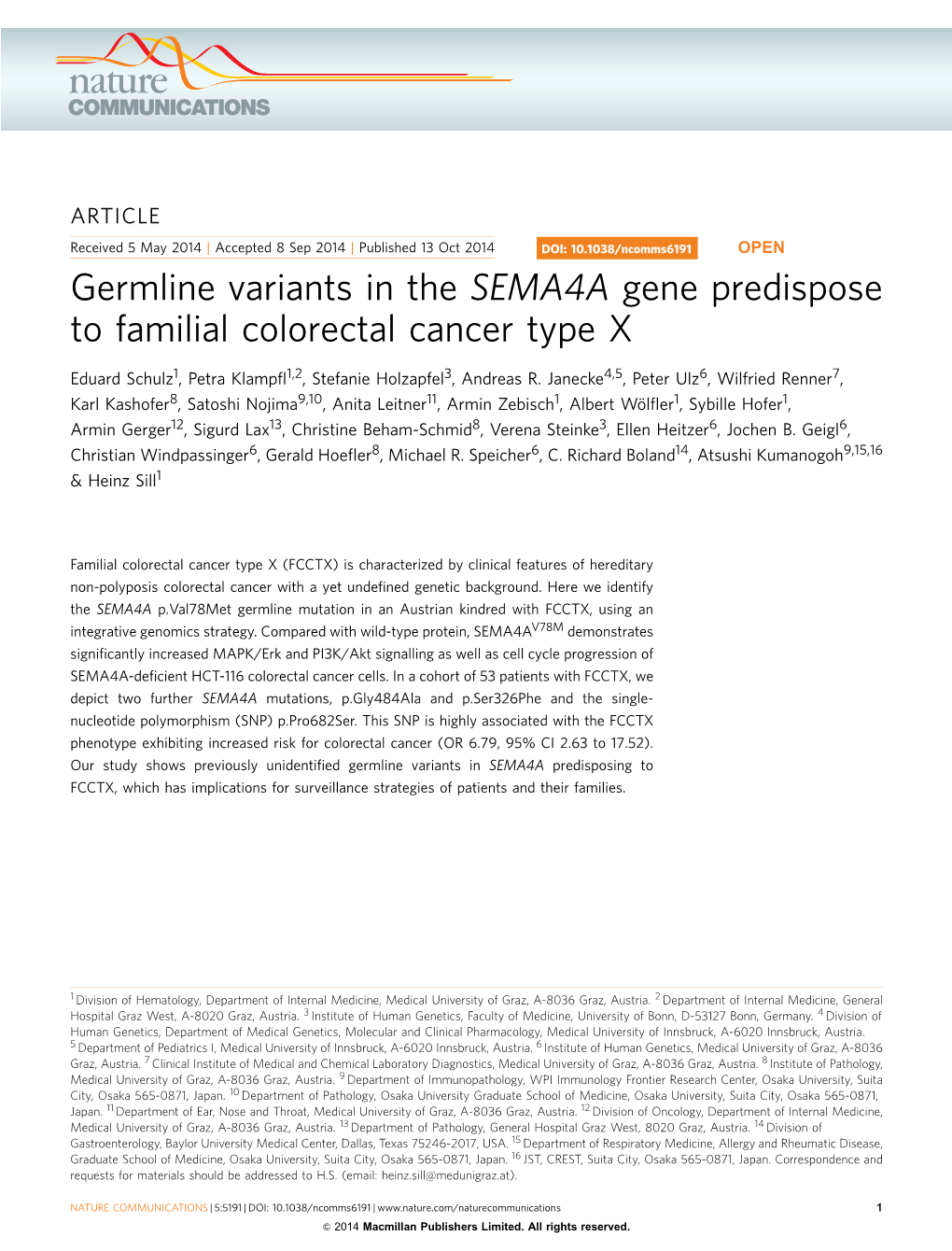 Germline Variants in the SEMA4A Gene Predispose to Familial Colorectal Cancer Type X