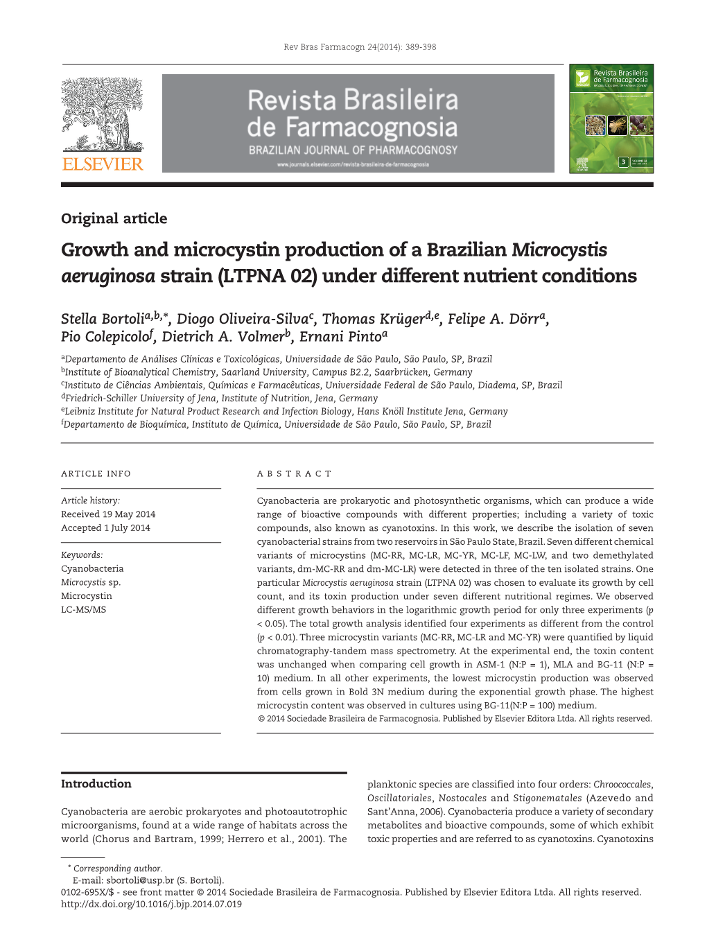 Growth and Microcystin Production of a Brazilian Microcystis Aeruginosa Strain (LTPNA 02) Under Different Nutrient Conditions