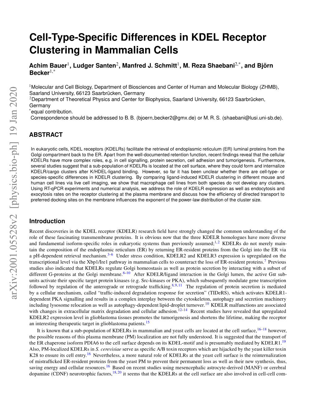 Cell-Type-Specific Differences in KDEL Receptor Clustering in Mammalian Cells