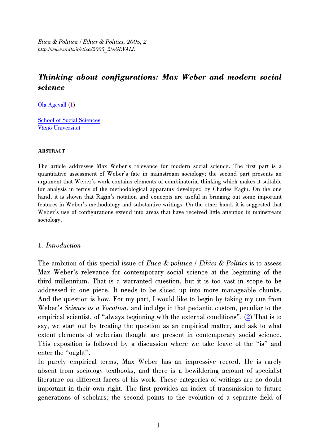 Thinking About Configurations: Max Weber and Modern Social Science