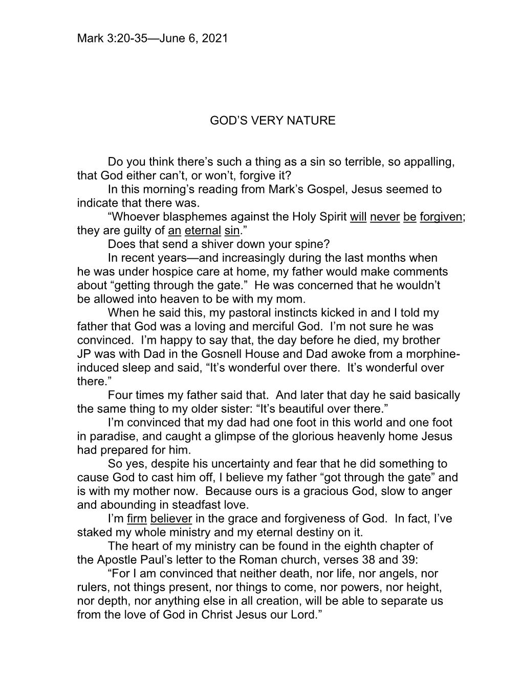 Mark 3:20-35—June 6, 2021 GOD's VERY NATURE Do You Think