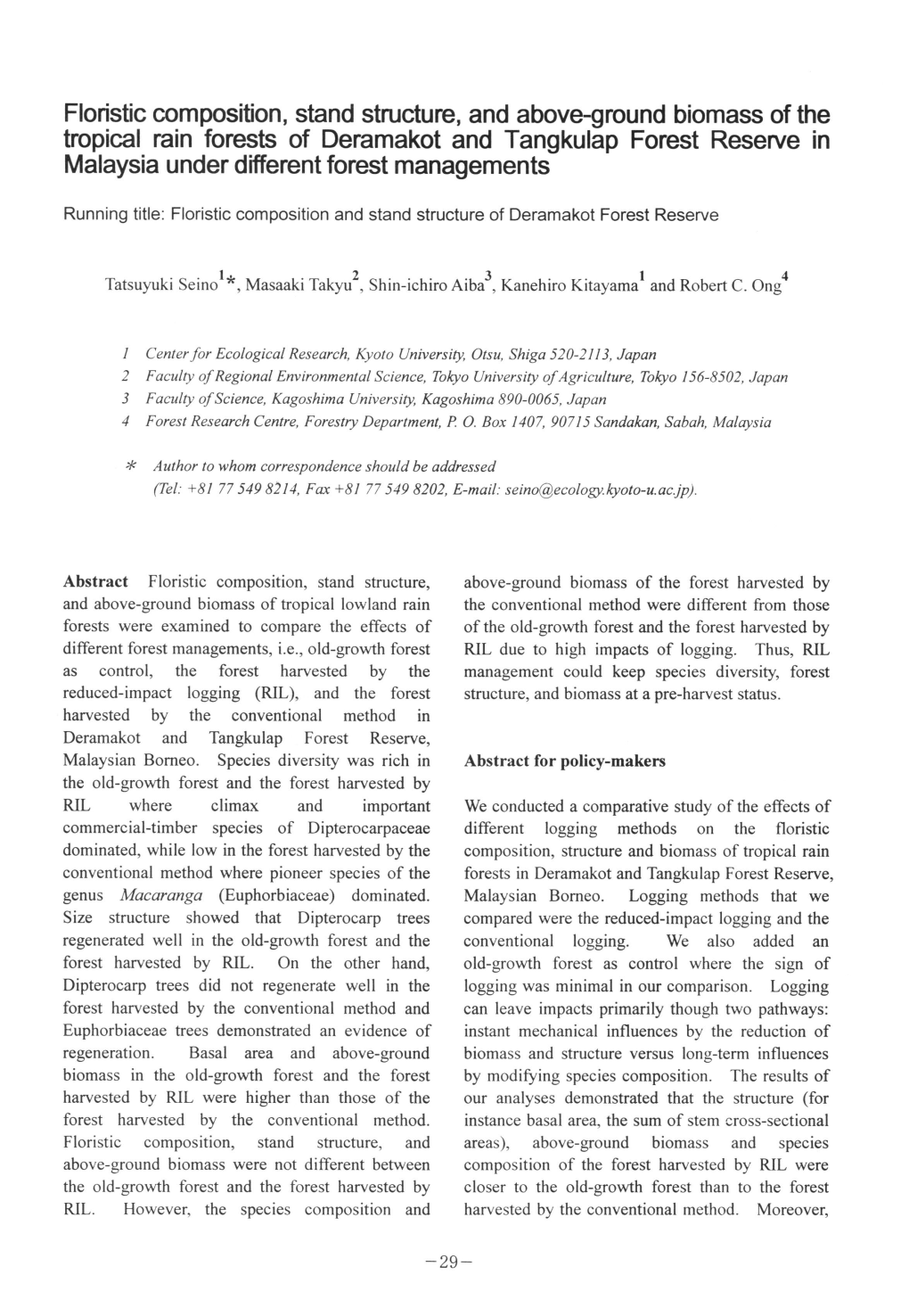 Floristic Composition, Stand Structure, and Above-Ground Biomass