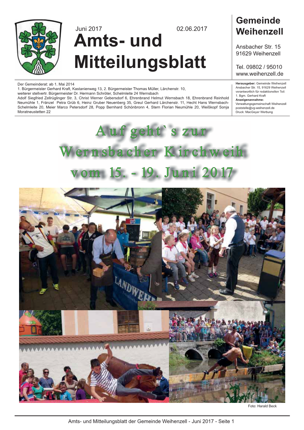 Amts- Und Mitteilungsblatt Der Gemeinde Weihenzell - Juni 2017 - Seite 1 Öffnungszeiten, Termine