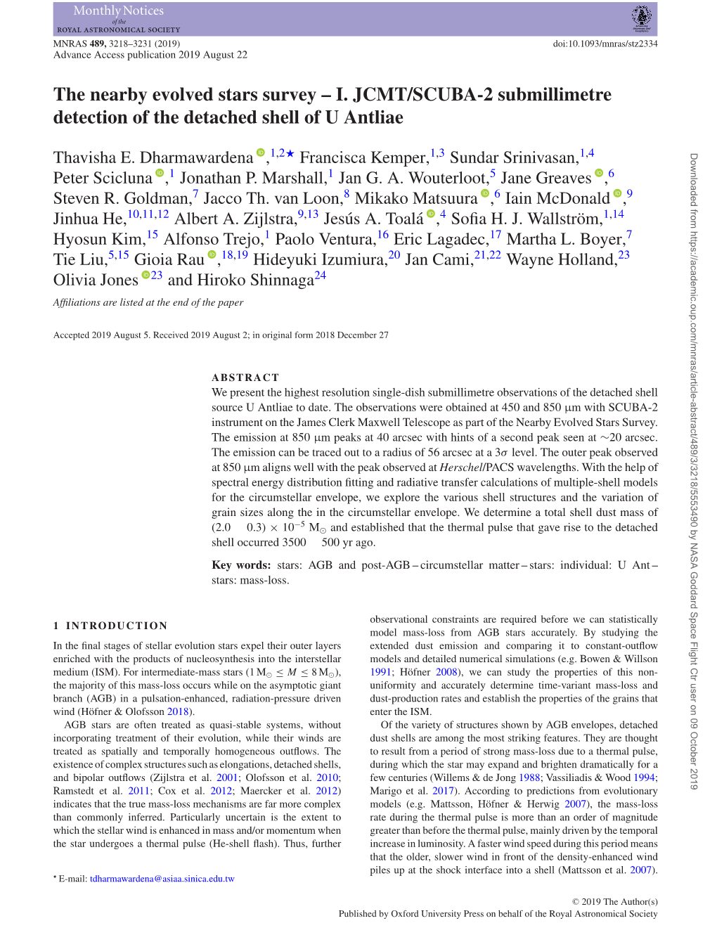 I. JCMT/SCUBA-2 Submillimetre Detection of the Detached Shell of U Antliae