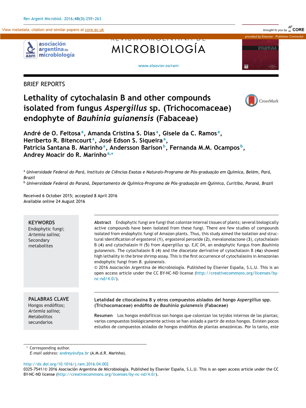 Lethality of Cytochalasin B and Other Compounds Isolated from Fungus Aspergillus