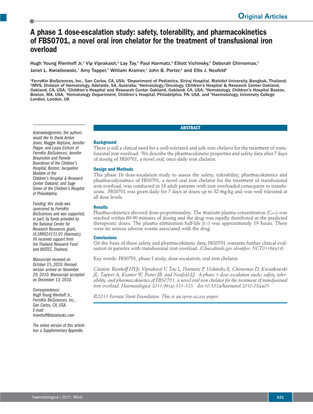 Safety, Tolerability, and Pharmacokinetics of FBS0701, a Novel Oral Iron Chelator for the Treatment of Transfusional Iron Overload