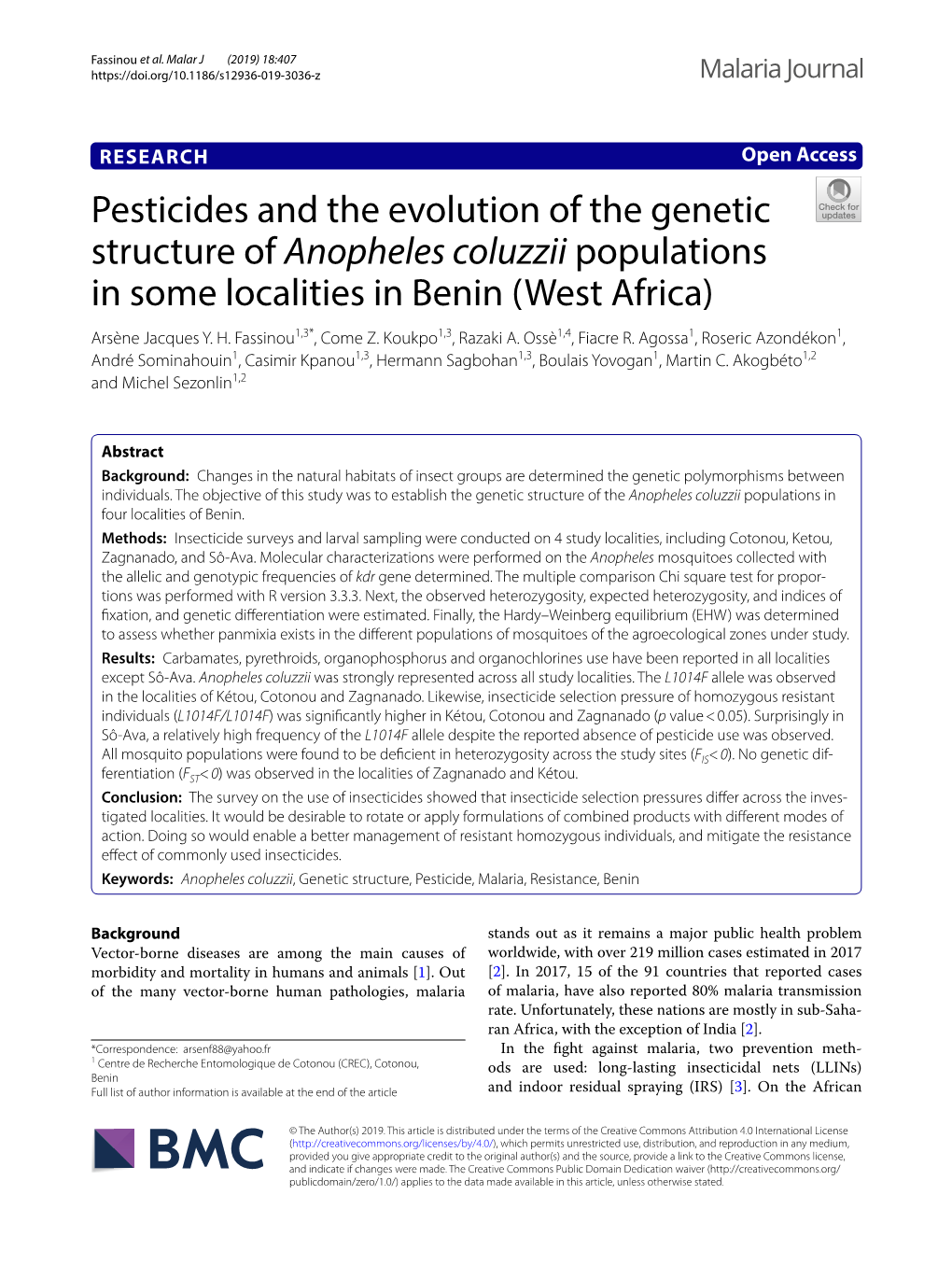 Pesticides and the Evolution of the Genetic Structure of Anopheles Coluzzii Populations in Some Localities in Benin (West Africa) Arsène Jacques Y