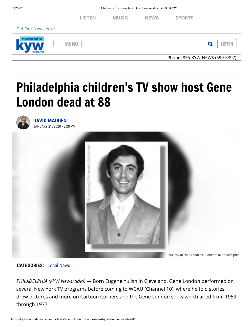 Philadelphia Children's TV Show Host Gene London Dead at 88