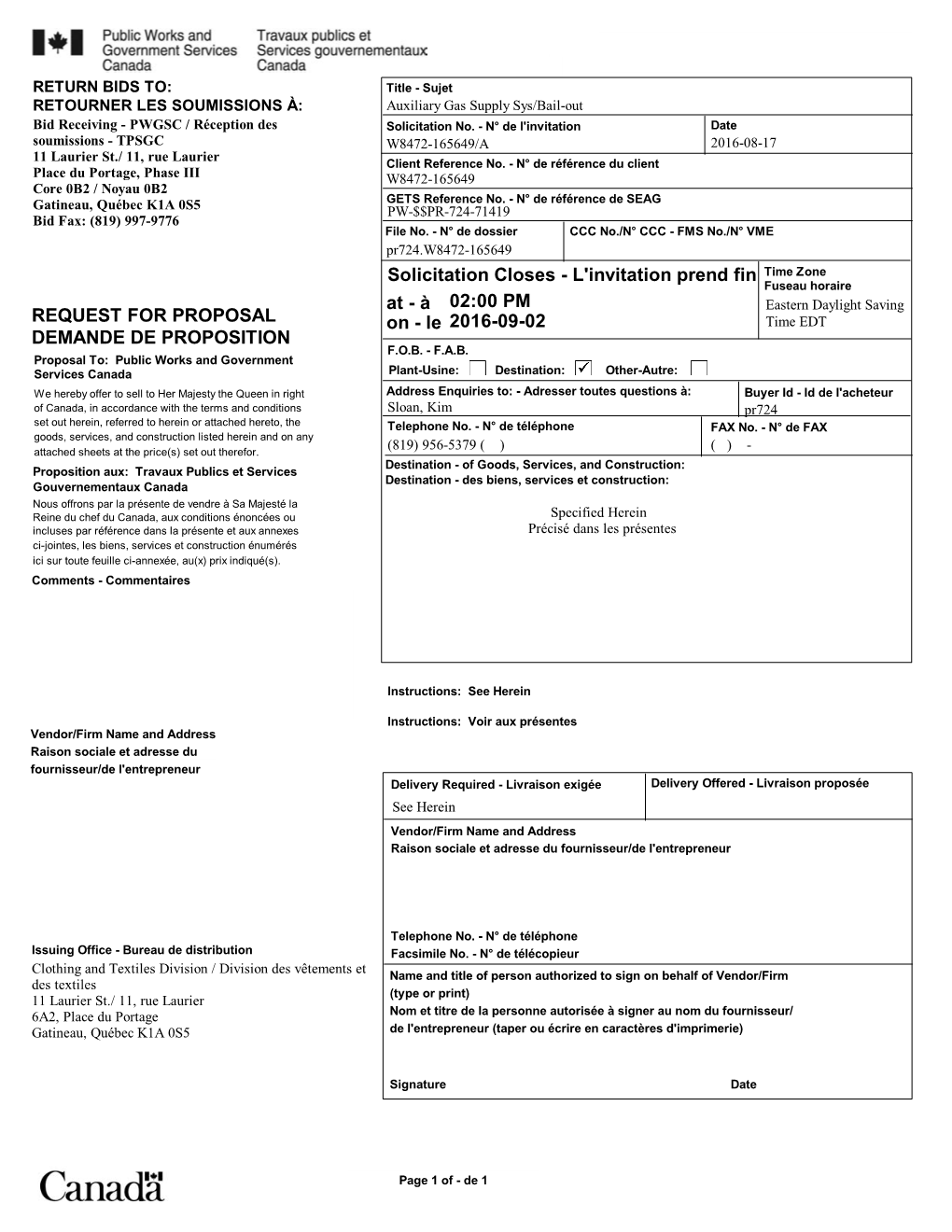 Le 2016-09-02 REQUEST for PROPOSAL DEMANDE DE