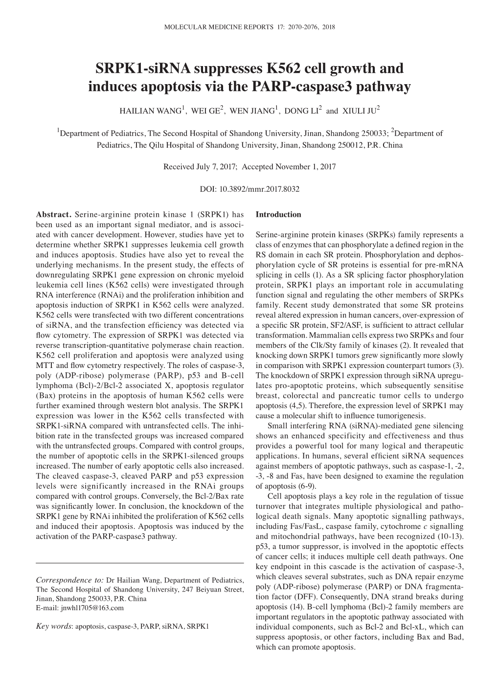 SRPK1‑Sirna Suppresses K562 Cell Growth and Induces Apoptosis Via the PARP‑Caspase3 Pathway