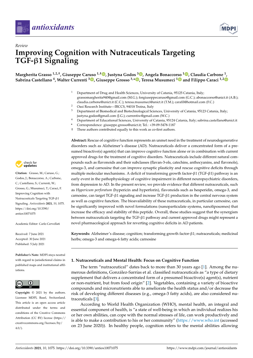 Improving Cognition with Nutraceuticals Targeting TGF-Β1 Signaling