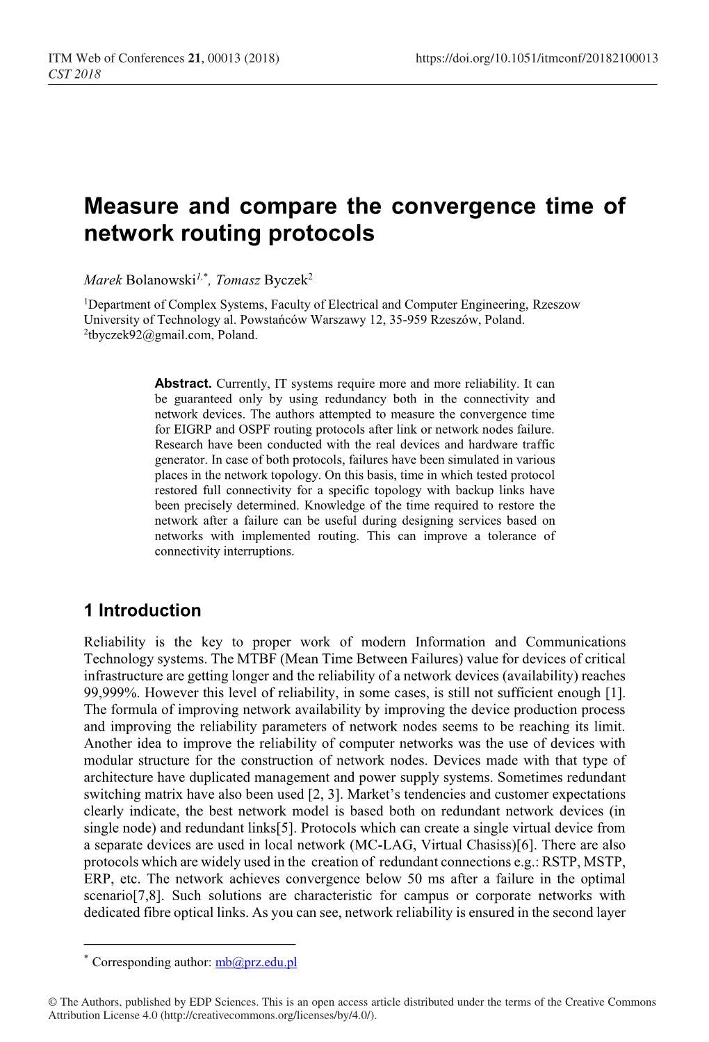 Measure and Compare the Convergence Time of Network Routing Protocols