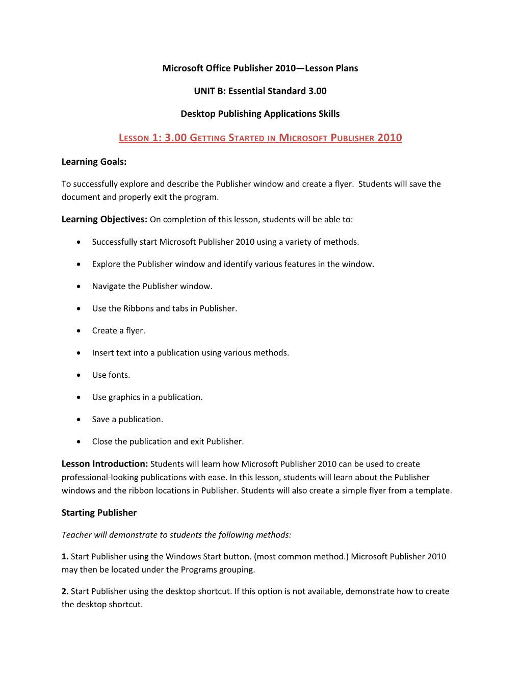 Microsoft Office Publisher 2010 Lesson Plans