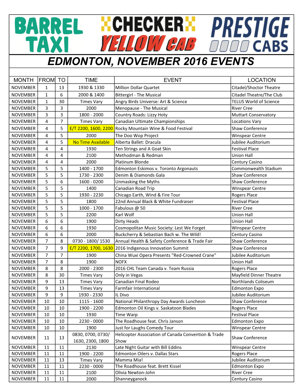 Edmonton, November 2016 Events