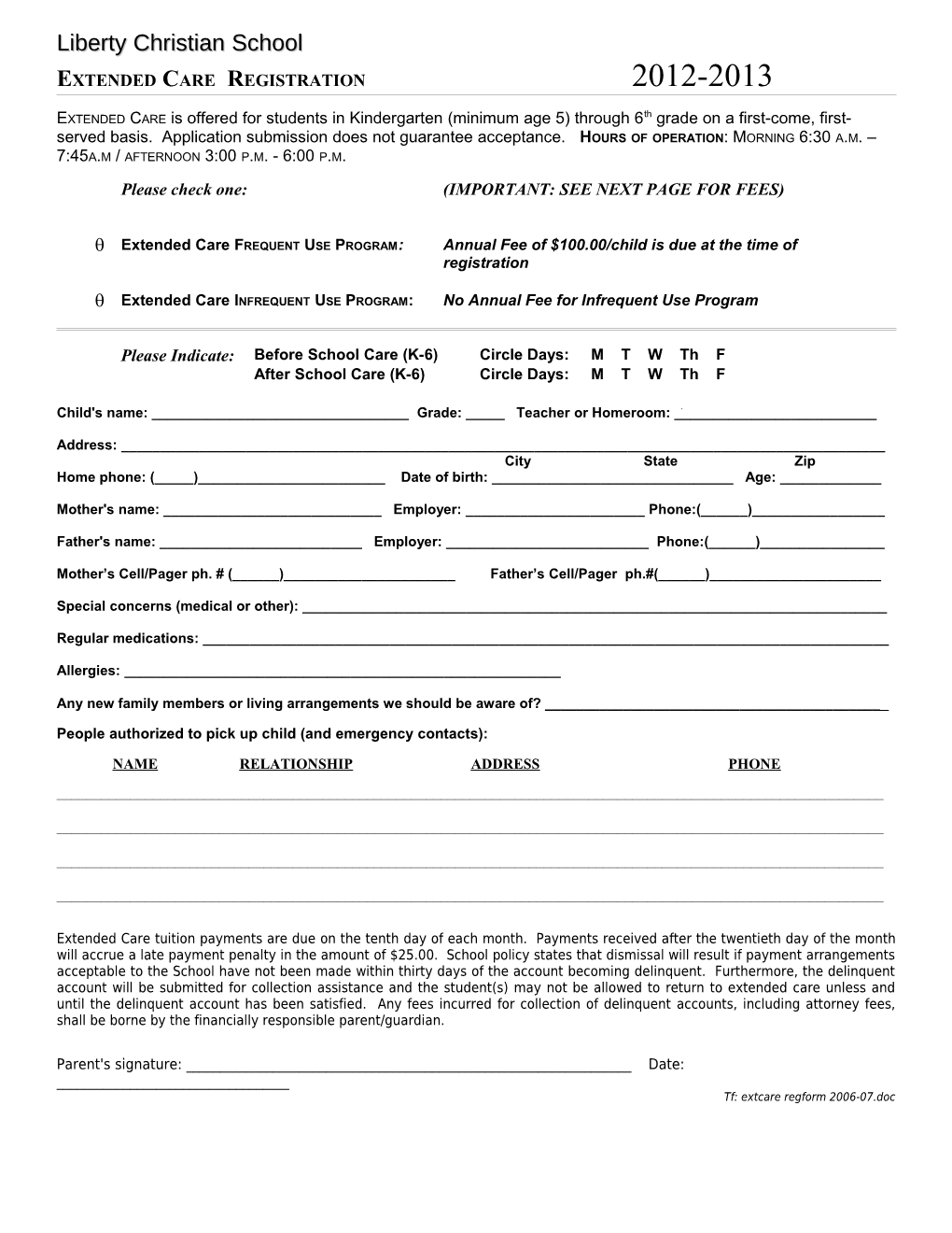 Extended Care Registration Form