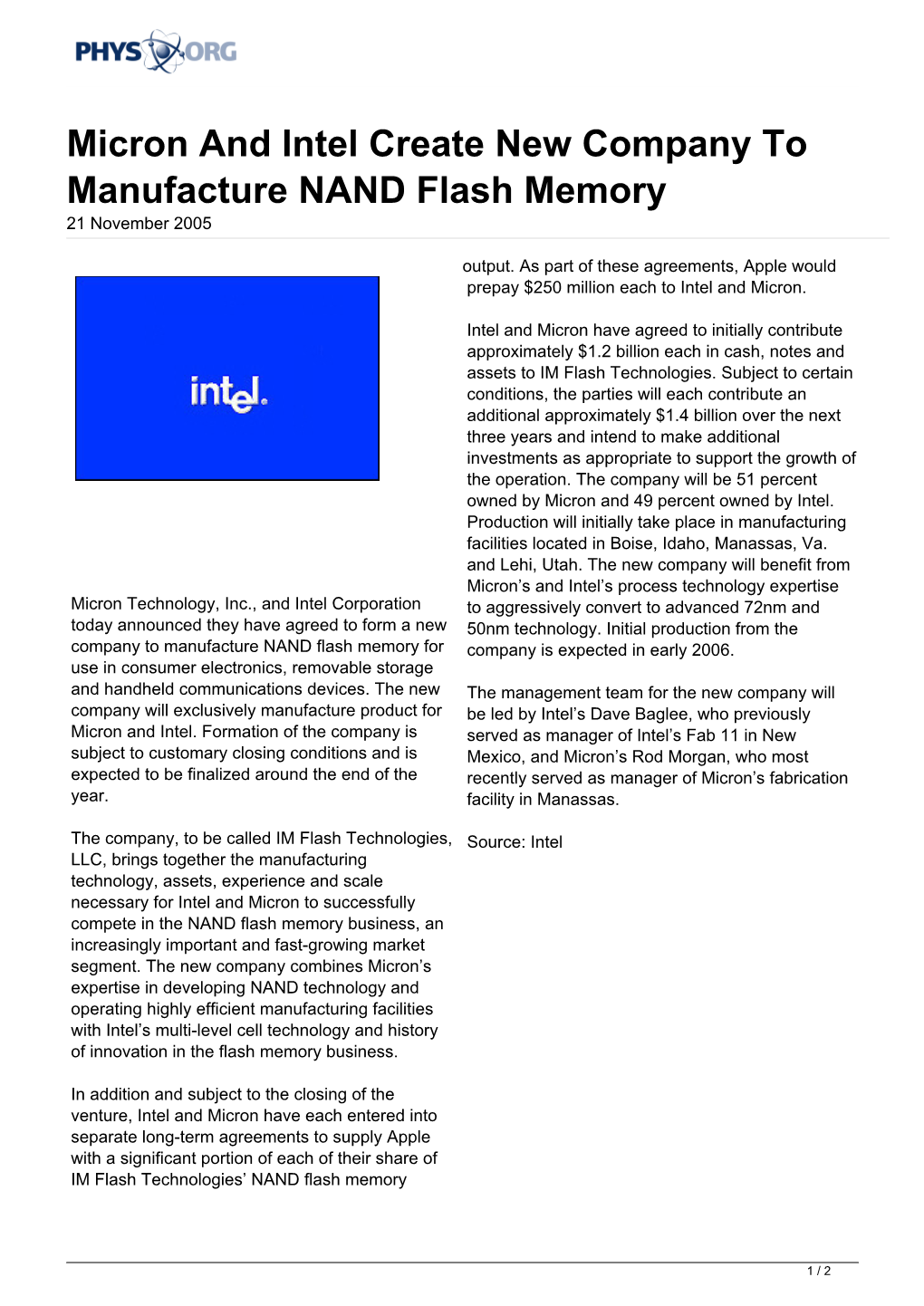 Micron and Intel Create New Company to Manufacture NAND Flash Memory 21 November 2005