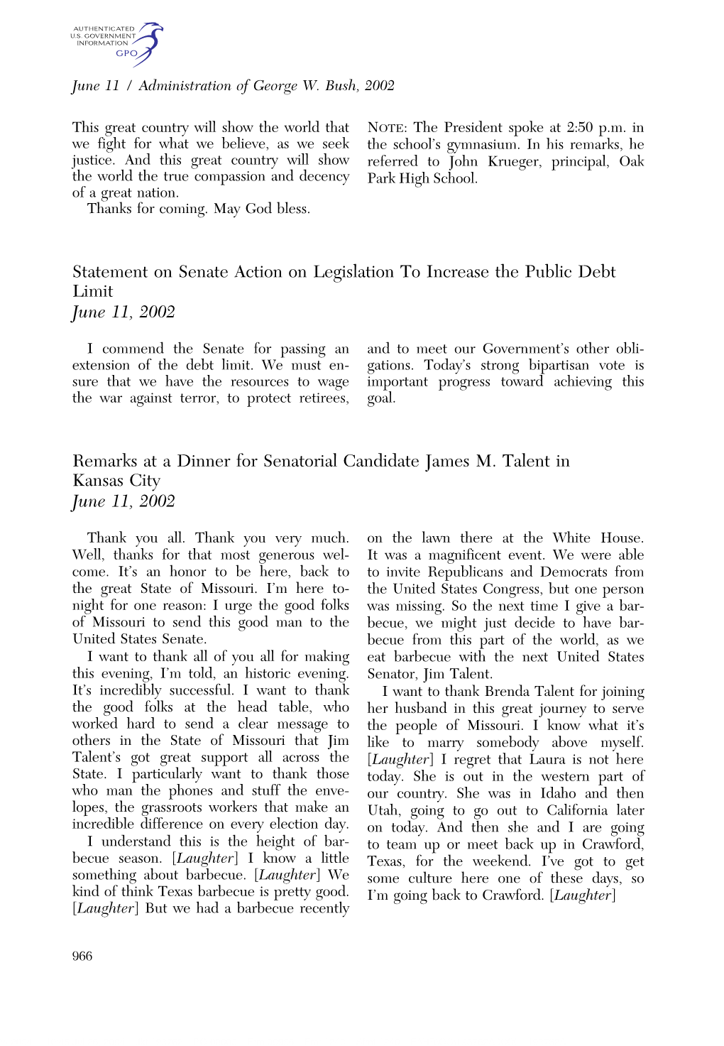 Statement on Senate Action on Legislation to Increase the Public Debt Limit June 11, 2002