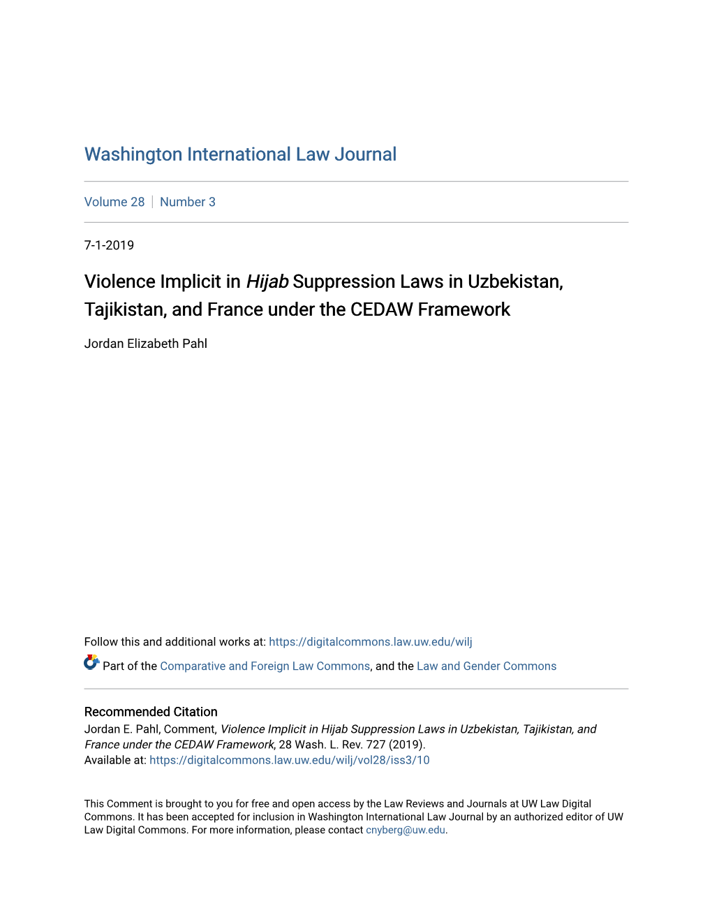 Violence Implicit in Hijab Suppression Laws in Uzbekistan, Tajikistan, and France Under the CEDAW Framework