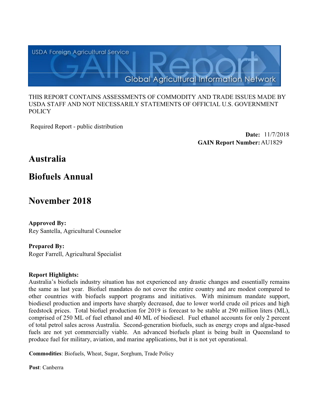 Australia Biofuels Annual November 2018