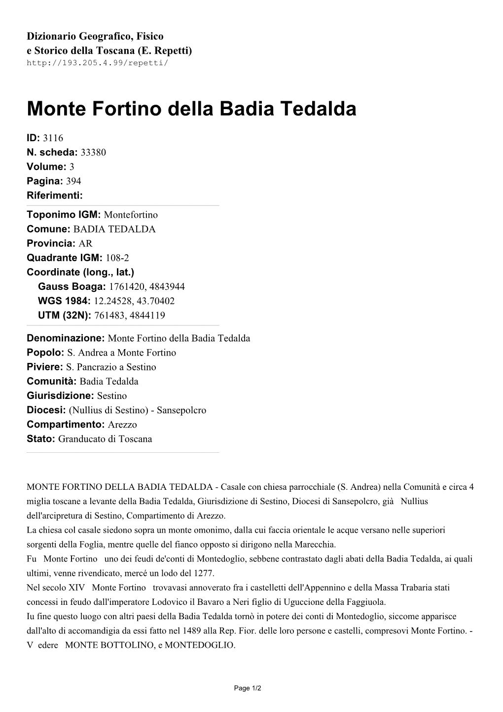 Monte Fortino Della Badia Tedalda