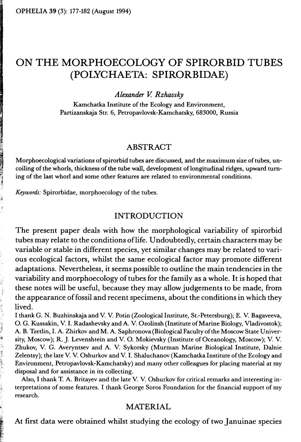 On the Morphoecology of Spirorbid Tubes (Polychaeta: Spirorbidae)