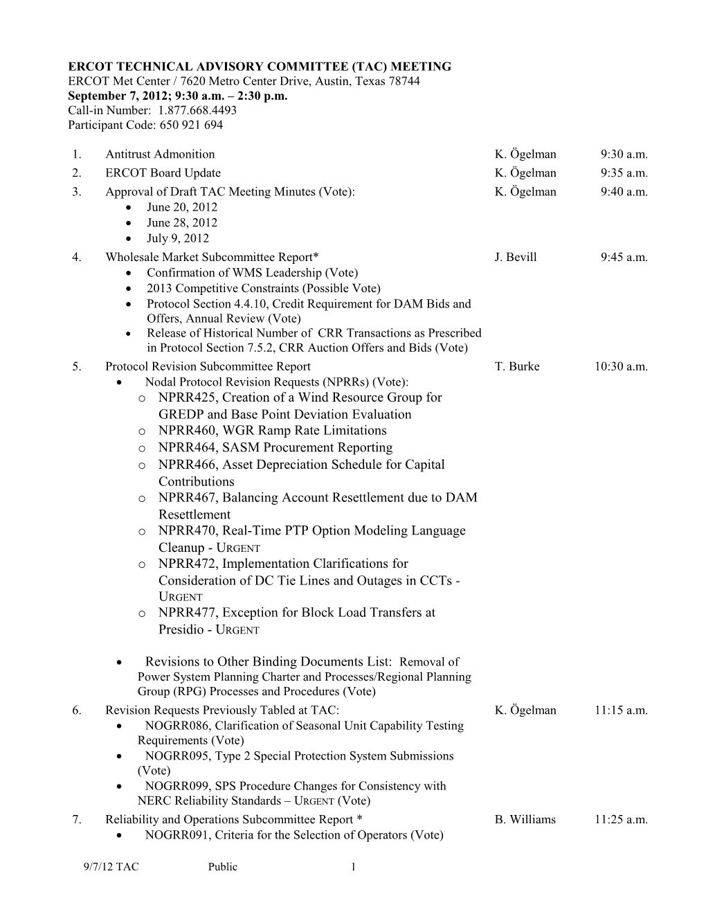 Ercot Technical Advisory Committee (Tac) Meeting