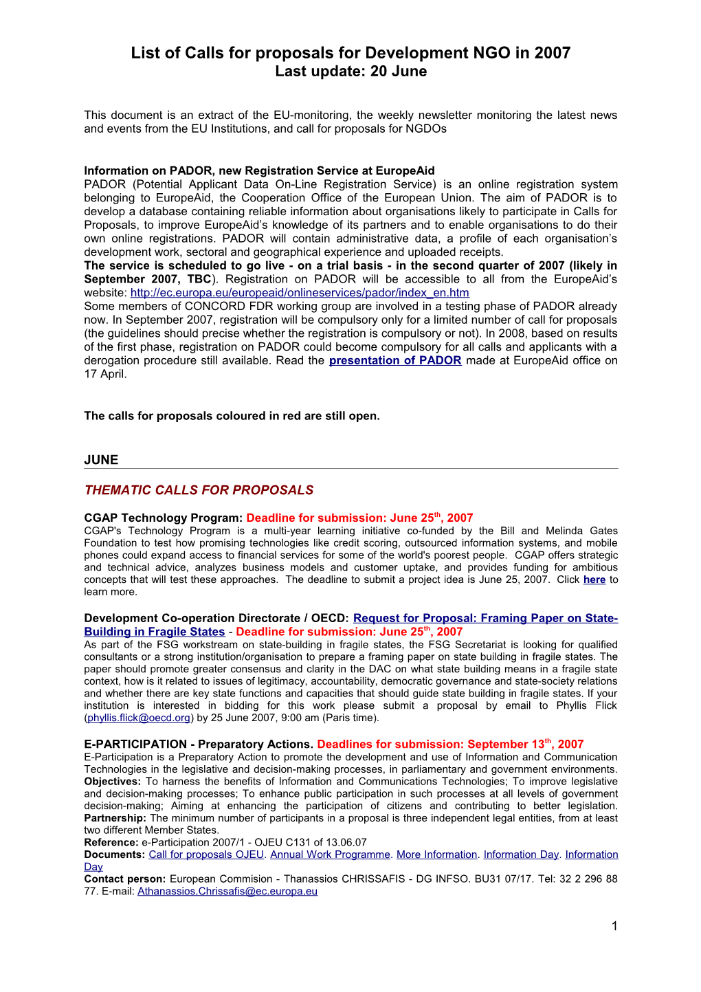 List of Calls for Proposals for Development NGO in 2007
