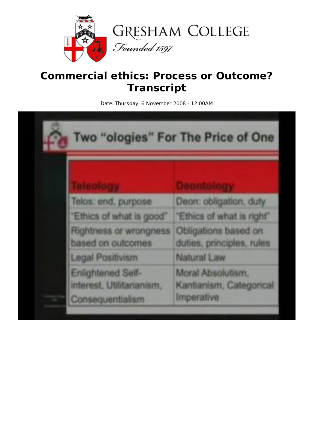 Commercial Ethics: Process Or Outcome? Transcript