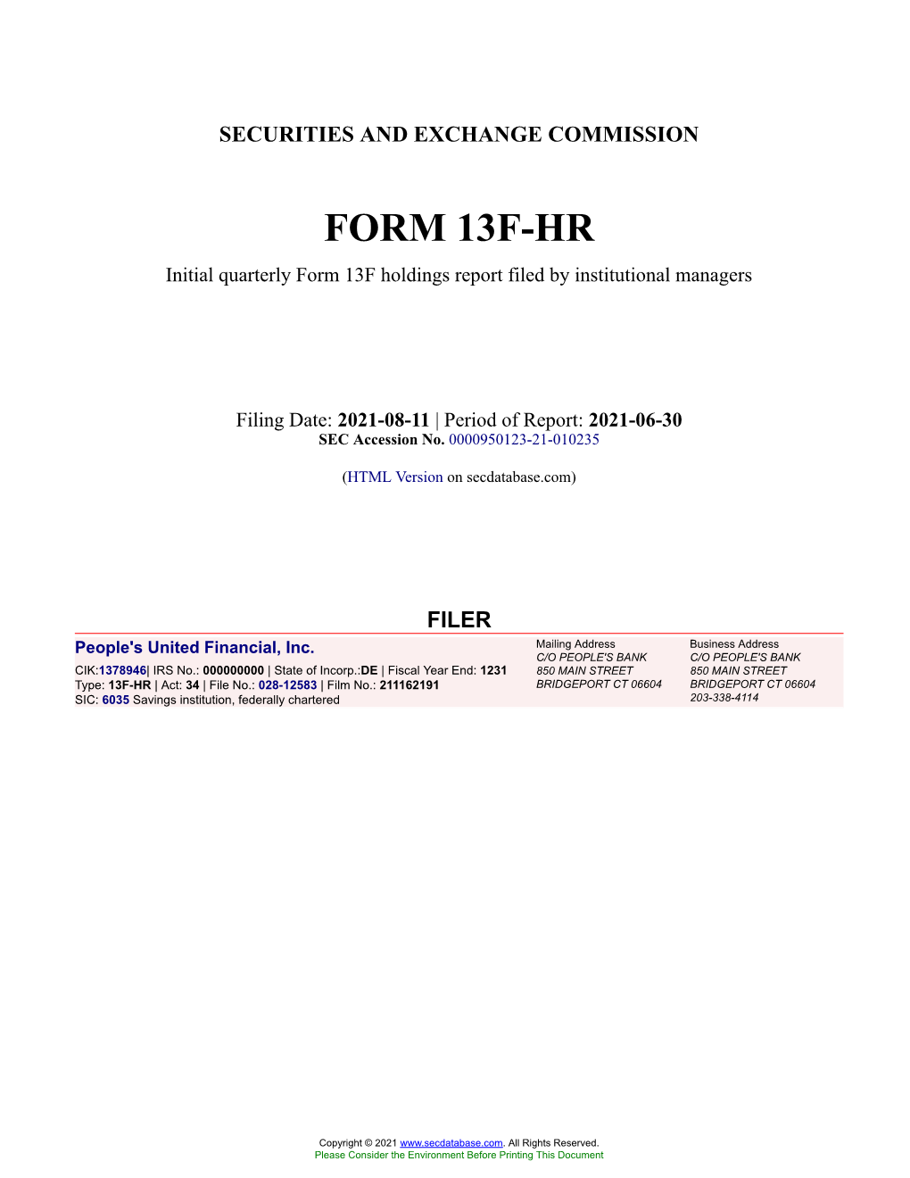 People's United Financial, Inc. Form 13F-HR Filed 2021-08-11