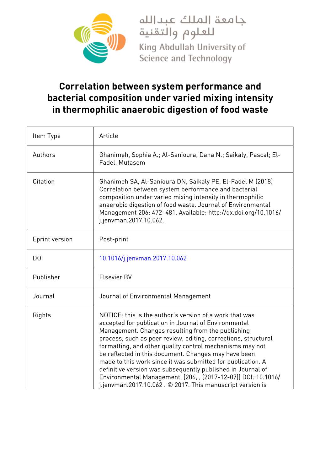 1 Correlation Between System Performance and Bacterial