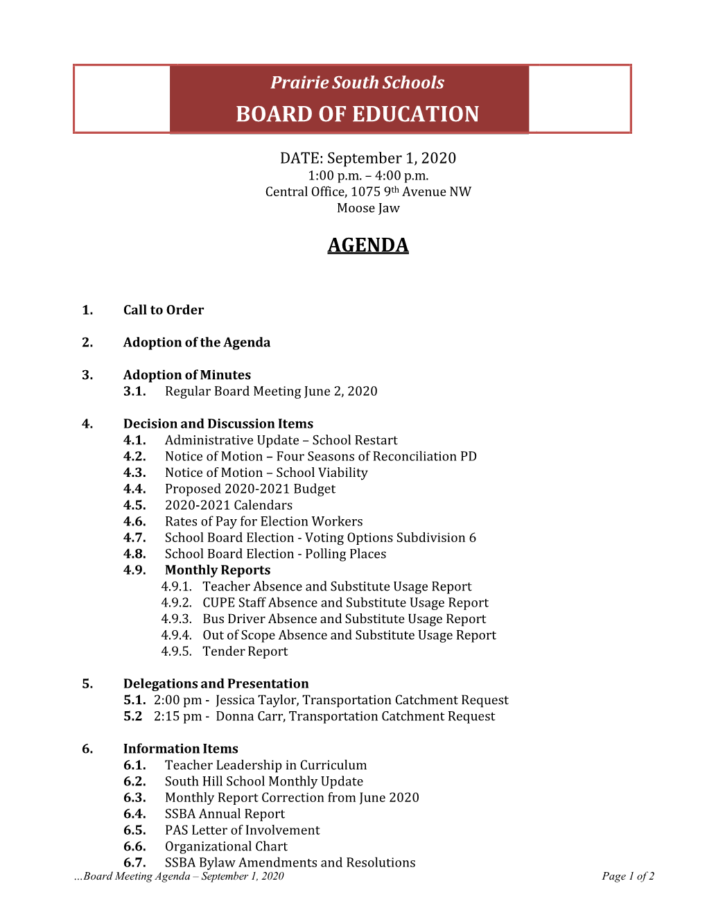 September 1, 2020 Meeting Agenda